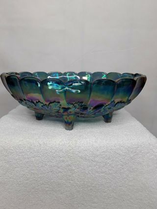 Vintage Indiana Carnival Glass Footed Fruit Bowl Blue Harvest Grape Design