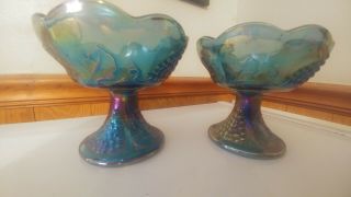 Indiana Glass Candle Holders Carnival Glass Grape Harvest Iridescent Blue 2 Pc