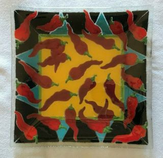 Peggy Karr Fused Art Glass " Red Chili Peppers " 9.  5 " Square Plate / Tray