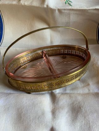 Vintage Pink Depression Glass Divided Relish/candy Dish W/ Brass Carrier
