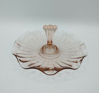 Vintage Pink Depression Glass Candy Dish With Fluted Edge & Decorative Handle