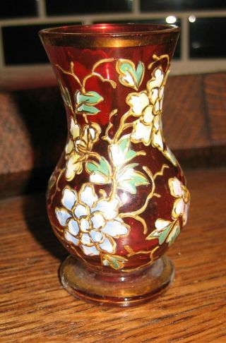 Antique Miniature Moser Bohemian Art Glass Fashion Enamel Red Vase