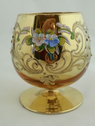 Murano Venetian Gold Small Hand Painted Gold Gilt Applied Flowers Brandy Snifter