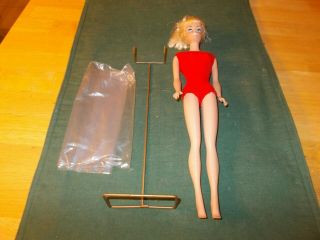 1964 Platinum Blonde Swirl Ponytail Barbie In Red Swimsuit W/stand