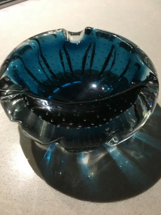 Vintage Murano Controlled Bubble Blue And Clear Glass Candy Dish/ashtray
