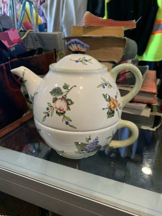 Princess House 3pc Vintage Garden Butterfly Lid Tea - For - One Teapot & Cup 1402