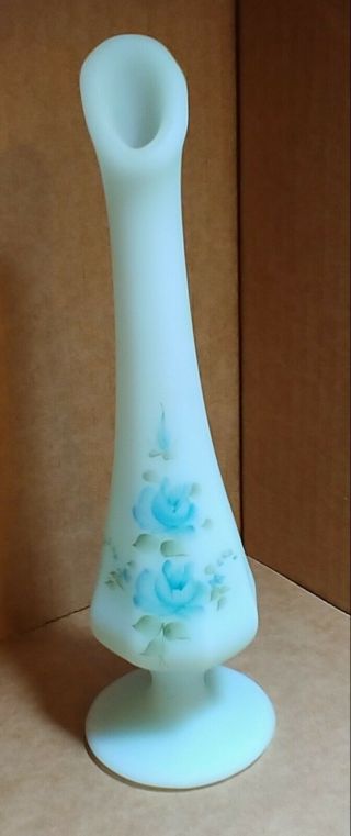 Vintage Fenton Blue Satin Glass Hand Painted Bud Vase,  Signed Kay Davis,  8.  25 "