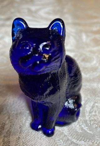 Mosser Cobalt Blue Cat Glass Sitting 3” Figurine “m” On Bottom & Back Kitty Vtg