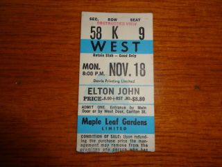 Elton John November 1974 Toronto Maple Leaf Gardens Concert Ticket Stub