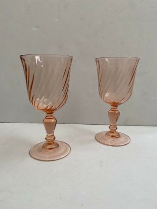 (2) Vintage Pink Rosaline Swirl Glass Water Goblet Stemware France Arcoroc 6.  25”