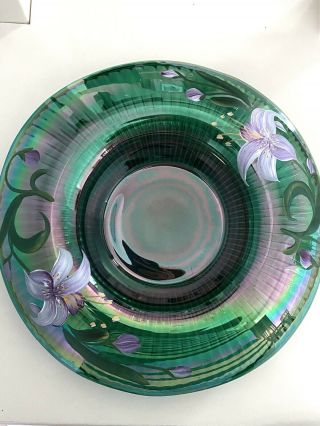 Fenton Green Opalescent With Flowers Bowl Hand Painted By Carol Griffiths