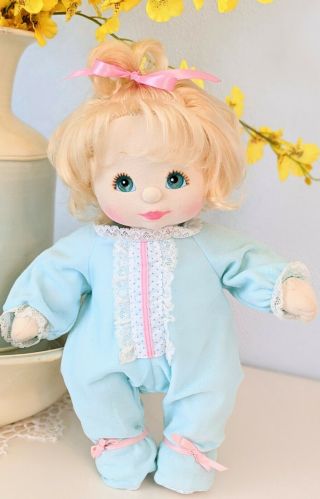 Vintage Mattel My Child Doll Platinum Blonde Topknot Aqua Eyes Pajamas
