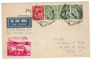 Gb Kgv 1934 Apex 2 1/2d Mixed Franking Airmail Pc To France Catchet & Label 68 9