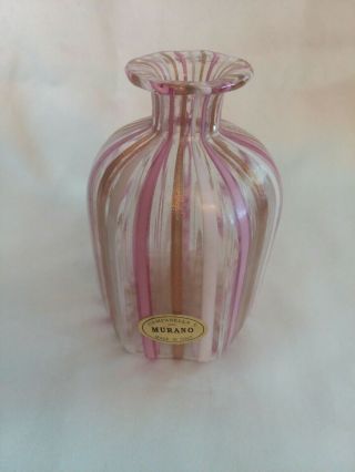 Vintage Murano Art Glass Bud Vase.  Clear With Pink White & Gold Stripes.  4 " Tall