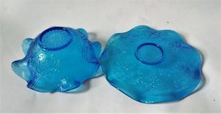 VTG Turquoise Blue Embossed Grapes & Ruffled Edge Bowl with Matching Under Plate 3