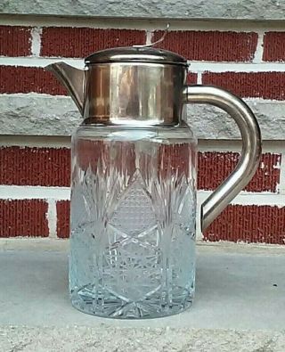 Vintage Etched Crystal Cut Glass Silverplate Pitcher With Ice Chamber