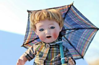 Antique Morimuro Bros.  Bisque Head Doll Composition Body Glass Eyes Umbrella 3
