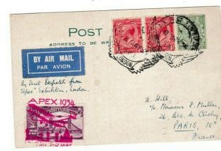 Gb Kgv 1934 Apex 2 1/2d Mixed Franking Airmail Pc - France Catchet & Label 68 10