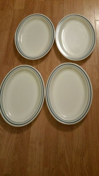 4 Vintage Pyrex Tableware Corning Blue Double Stripe Oval Platter 799 - 16