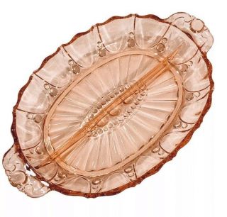 Oval Divided Pink Depression Glass Oyster And Pearl Relish Dish W/ Handles 12 "