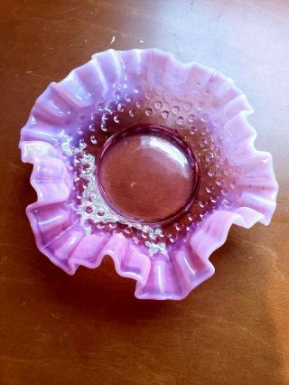 Vintage Fenton Art Glass Opalescent Pink Hobnail Ruffled Candy Dish 6 " Sq Euc