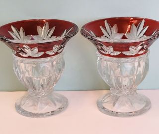 Celebrations By Mikasa Set Of 2 Ruby Red Floral Crystal Candleholders Corinth