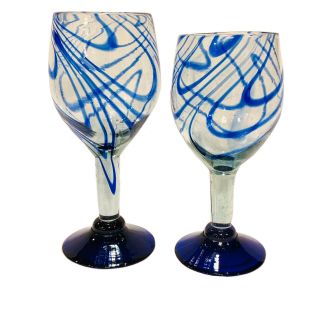 Set Of 2 Vintage Blue Cobalt Swirled Wine Water Glass Goblet Hand Blown 16 Oz