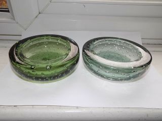 2 X Vintage Whitefriars Controlled Bubble Green & Green / Grey Bowls