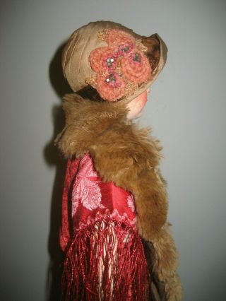 Vintage Old Flapper Boudoir Bed Doll Silk Face Lashes Dress Hat Real Fur Stole