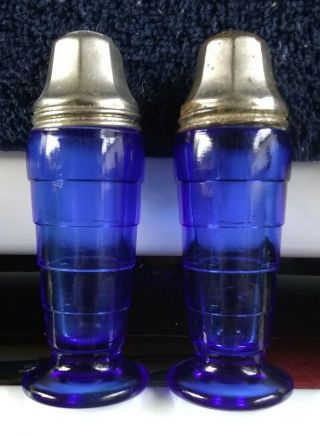 Hazel Atlas Moderntone Cobalt Blue 4 1/4 " Salt & Pepper Shakers 1