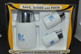 Santa Barbara Dripcut Starline Milk Glass Sugar Dispenser,  Salt & Pepper Set Nib