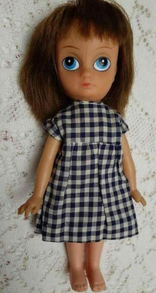 Vintage 7.  5 Inches Big Blue Eyes Hong Kong Doll Sad Serious Pout Cute