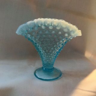 Vintage Fenton Hobnail Light Blue Opalescent Top Fan Vase Vintage Miniature 4”