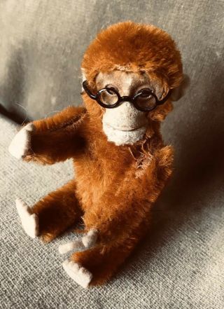 Vintage Schuco Mohair Monkey With Glass Eyes And Felt Attached Metal Glasses