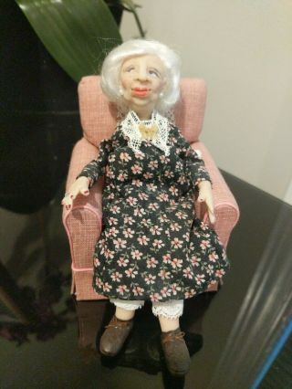 Ooak Dollhouse Doll 1:12 Scale Elderly Woman And Chair Hand Made Artist Made.