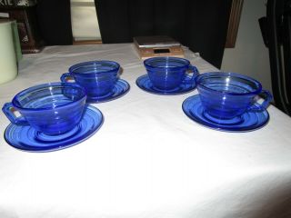 (4) Moderntone Hazel Atlas Cobalt Blue Coffee Cups And Saucers