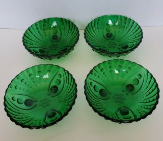 Four (4) Emerald Green Footed Depression Glass Dessert Bowls - Dots - 4 1/2 "