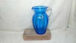 Blue Hand Blown Glass Pitcher With Clear Handle