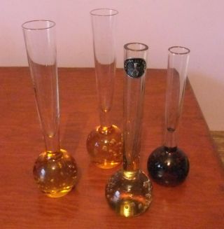 4 X Art Glass Paperweight Stem/bud Vases,  One With Swedish Art Glass Sticker.