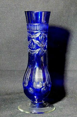 Vintage Bohemian Czech Cobalt Blue To Clear Brilliant Cut Glass Vase 6 1/4 " Tall