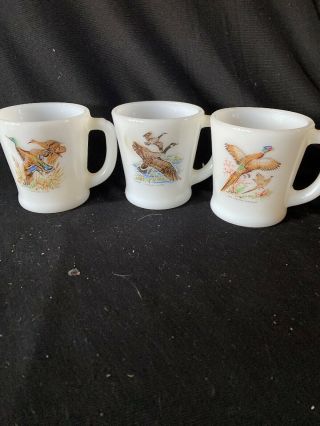 Set Of 3 Vintage Fire King Game Bird Coffee Cups Mugs Oven Ware White Milk Glass