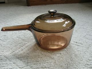 Vintage Corning Vision Ware Amber Glass 1.  5 L Sauce Pan Pot With Lid