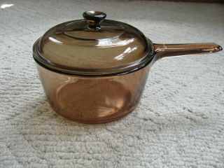 VINTAGE CORNING VISION WARE AMBER GLASS 1.  5 L SAUCE PAN POT WITH LID 3