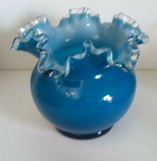 Fenton? Hand Blown Blue Round Glass Ruffled Edge Vase 5 1/4 " H - 6 " Across Top
