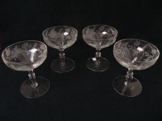 Set Of 4 Vintage Clear Engraved Crystal Wine Cocktail Glasses 4.  5 " Flowers