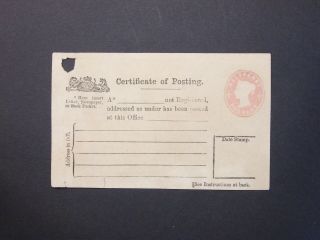Gb Postal Stationery 1881 Qv 1/2d Pink Certificate Of Posting 5 Lines H&b Cpp3
