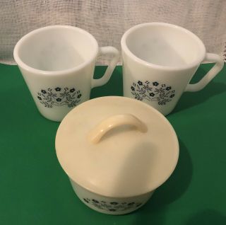 Vintage Pyrex - Milk Glass - Blue Flowers - 2 Mugs & A Sugar Bowl With Plastic Lid