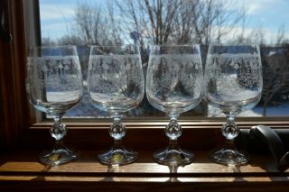 Set Of 4 Bohemia Crystal Cascade Water Goblets Wine 6 5/8 " Etched Floral Heart