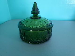 Vintage Indiana Glass Green Candy Dish Trinket Bowl Princess Pattern 6” With Lid