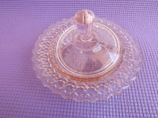 Vintage Pink Depression Round Dish With Lid Buttons & Bows 1940 